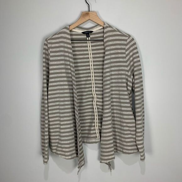 Lands End White and Tan Open Cotton Blend Cardigan - Picture 2 of 7